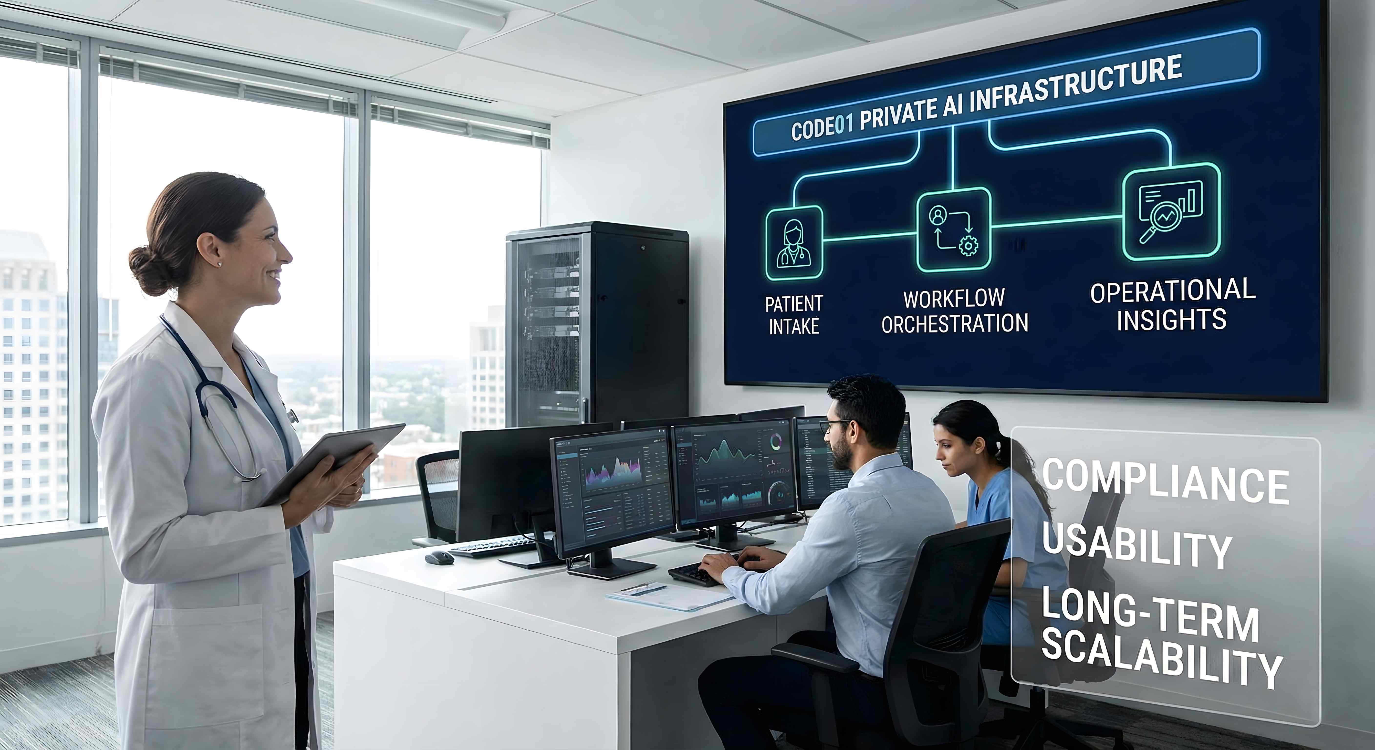 Code01 Private AI Infrastructure showing patient intake, workflow orchestration, and operational insights